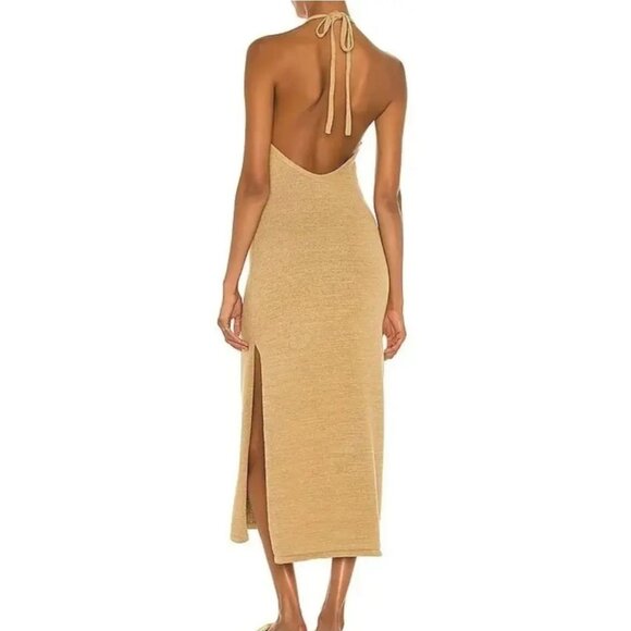 Cult Gaia Karina Halter Knit Midi Dress Wicker Tan Slit Open Back Sz L NWT $398 - Picture 3 of 12